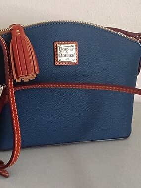 Dooney & Bourke Navy Leather Crossbody with Brown Trim and Red Interior